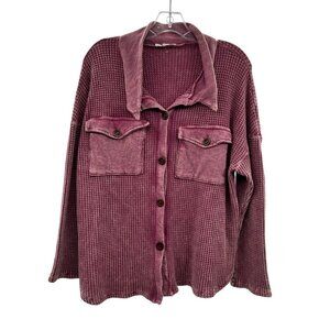 Bucketlist Women's Waffle Knit Button Up Top Long Sleeve Pink Size Small